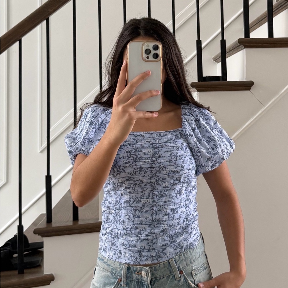 abercrombie kids Blue Floral Smocked Square-Neck Puff Sleeve Top